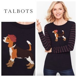 Talbots Beagle Dog Sweater Pullover Sz Large 12 14 Navy Blue Stripe Preppy Chic